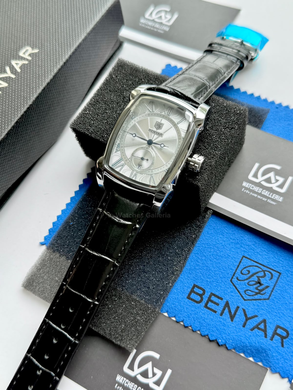 Benyar BY5114 Square Tank Watch Silver Black Roman Numeral Dial Master Lock Quartz Date Calendar Leather Strap