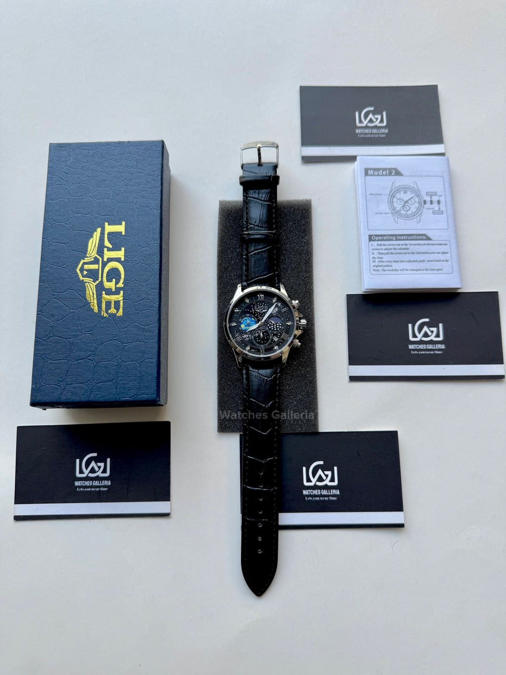 Lige Watch LG89107 Moonphase Chronograph (Black/Silver) Lige Watch in Pakistan