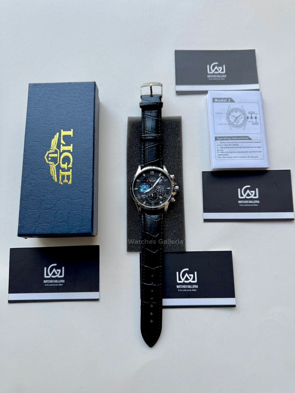 Lige Watch LG89107 Moonphase Chronograph (Black/Silver) Lige Watch in Pakistan