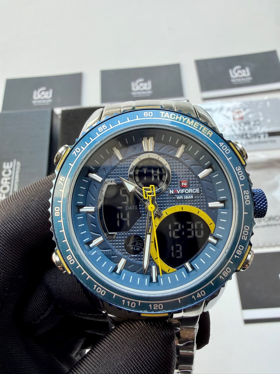 Naviforce Watch Pakistan NF9182 | Naviforce Men Watch | Naviforce Chain Watch | Dual Display Blue Yellow Watch