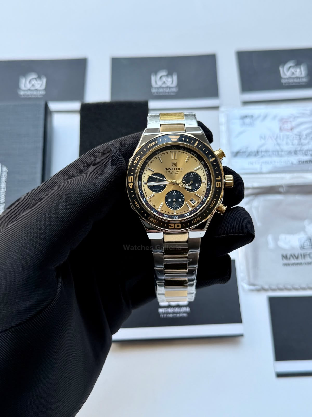 Naviforce NF8049 Watch Pakistan | Naviforce Men Watch | Naviforce Chain Watch | Silver Gold Chronograph Watch