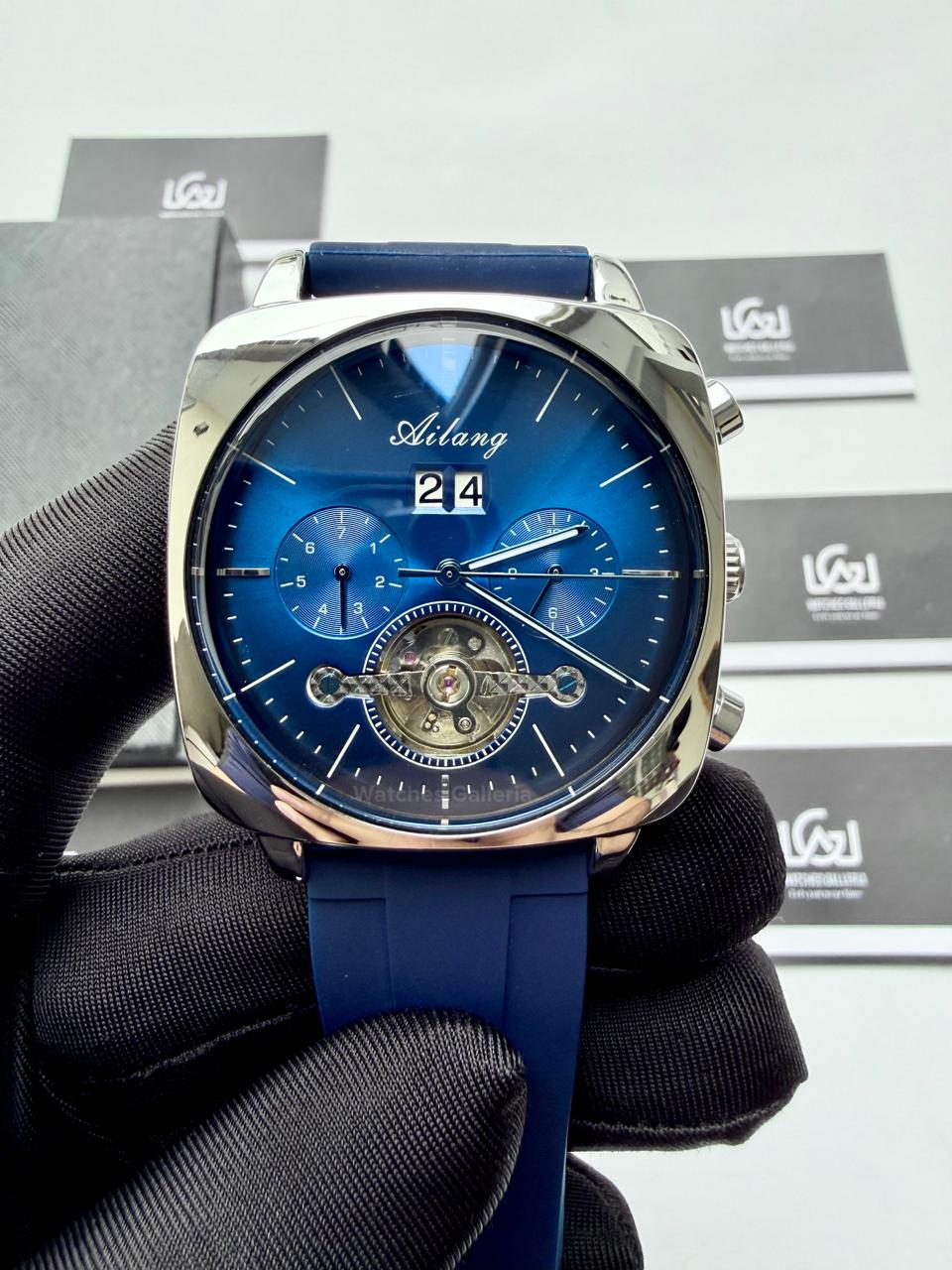 Ailang AI8655G Square Chronograph Automatic Watch Black Blue – Skeleton Flywheel, Big Date, Luxury Square Dial Men’s Watch