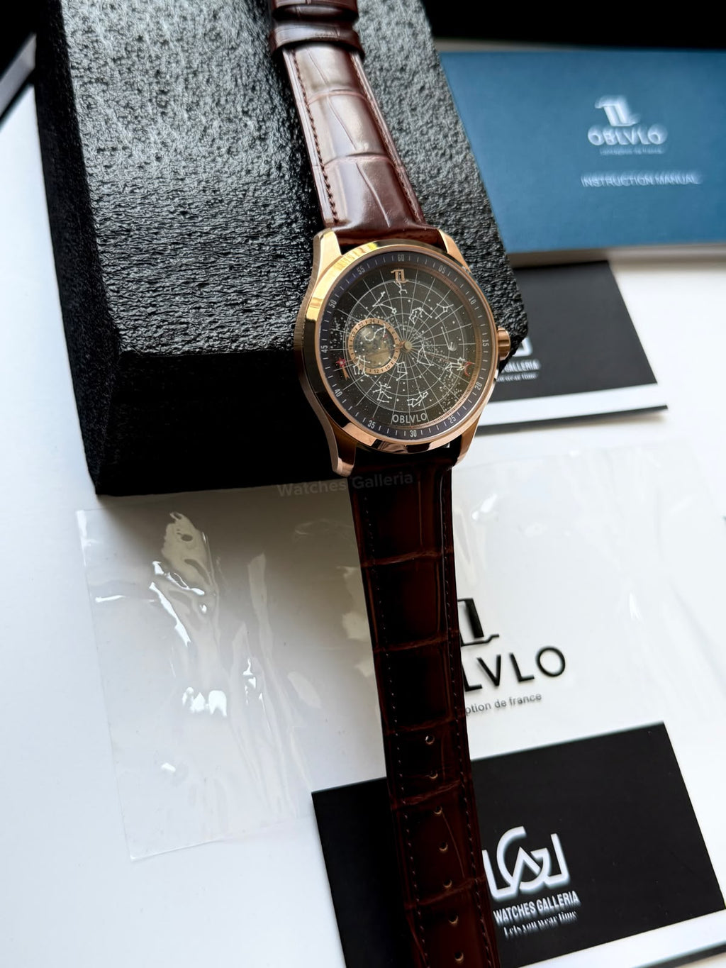 OBLVLO GC (Brown Rose Gold Blue) Grand Complications Celestial Automatic Watch Brown & Black Dial with Rose Gold Details, Moving Constellation & Earth Display – OBLVLOGC | Oblvlo