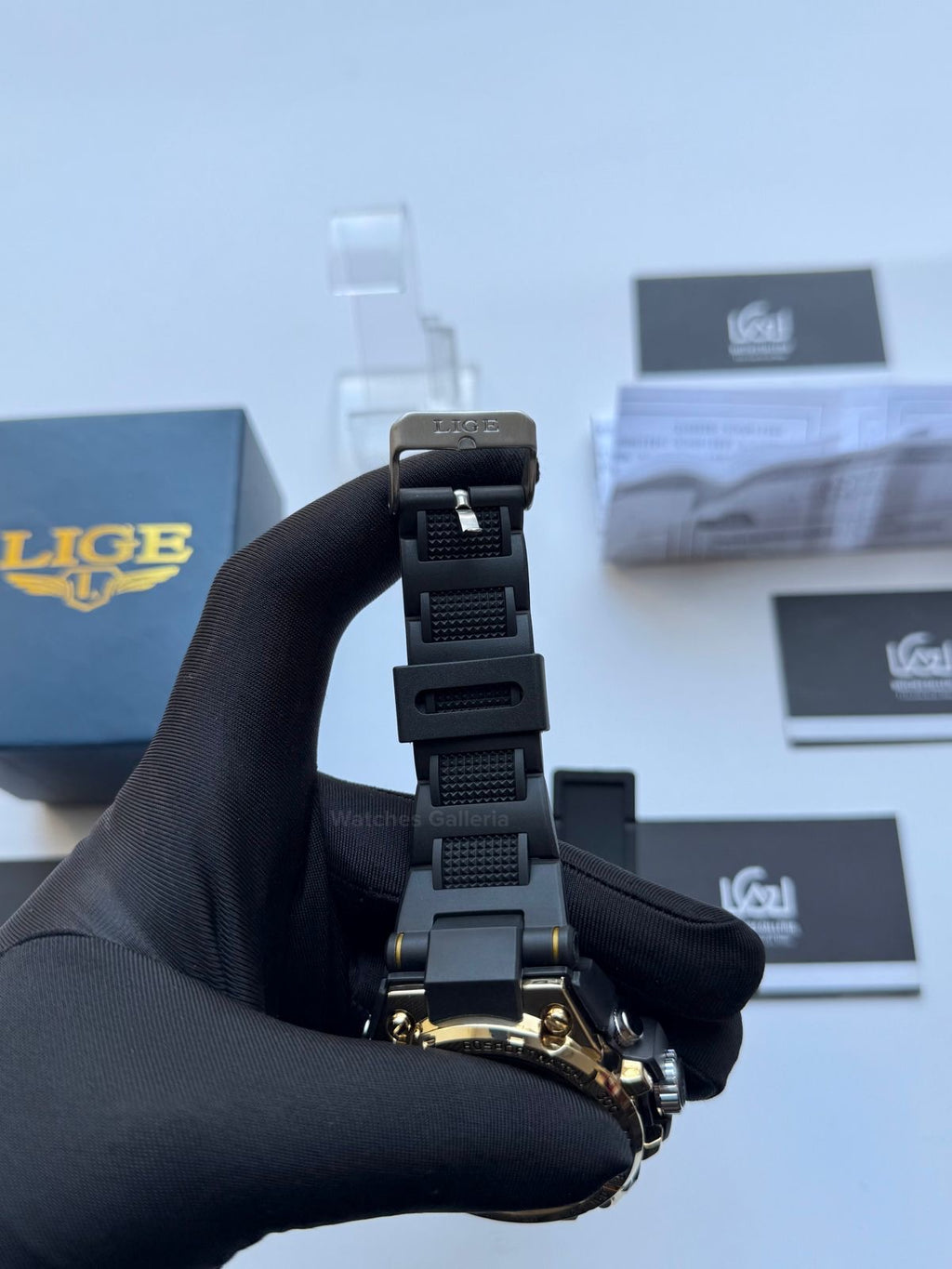 Lige 8922 Sports Watch Gold Black 45mm Dual Display Analog Digital LED Alarm Waterproof 50M Silicone Strap Men’s Watch