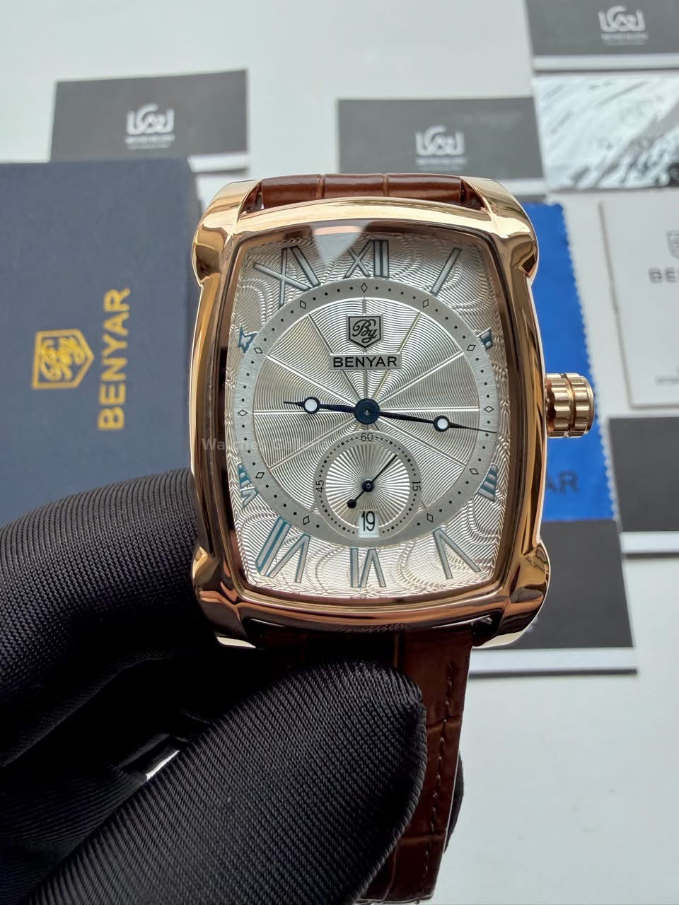 Benyar BY5114 Square Tank Watch in Pakistan – Brown Rose Gold White Elegant Quartz Leather Strap Men’s Dress Watch