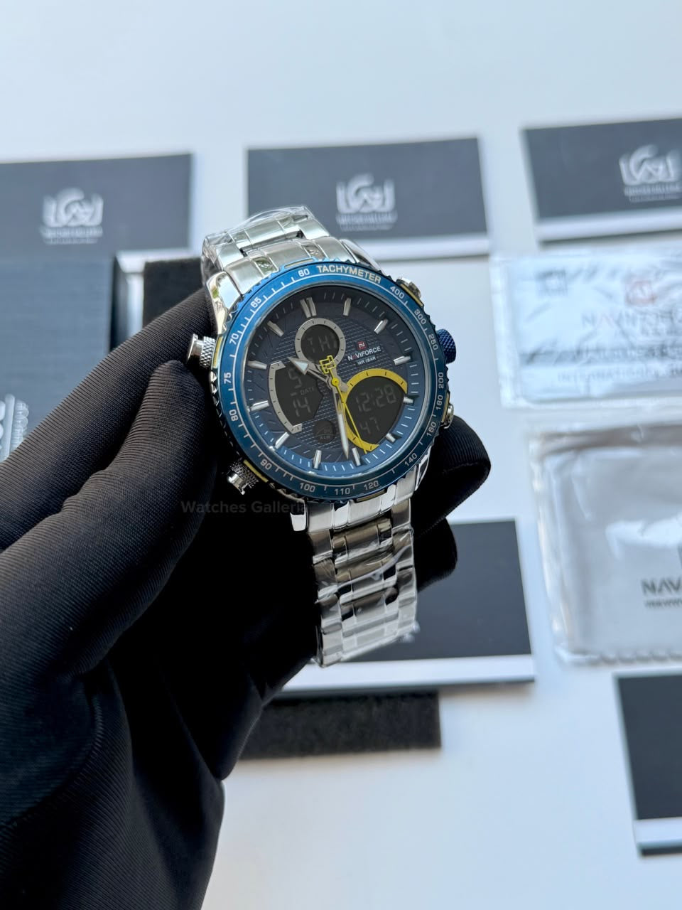 Naviforce Watch Pakistan NF9182 | Naviforce Men Watch | Naviforce Chain Watch | Dual Display Blue Yellow Watch