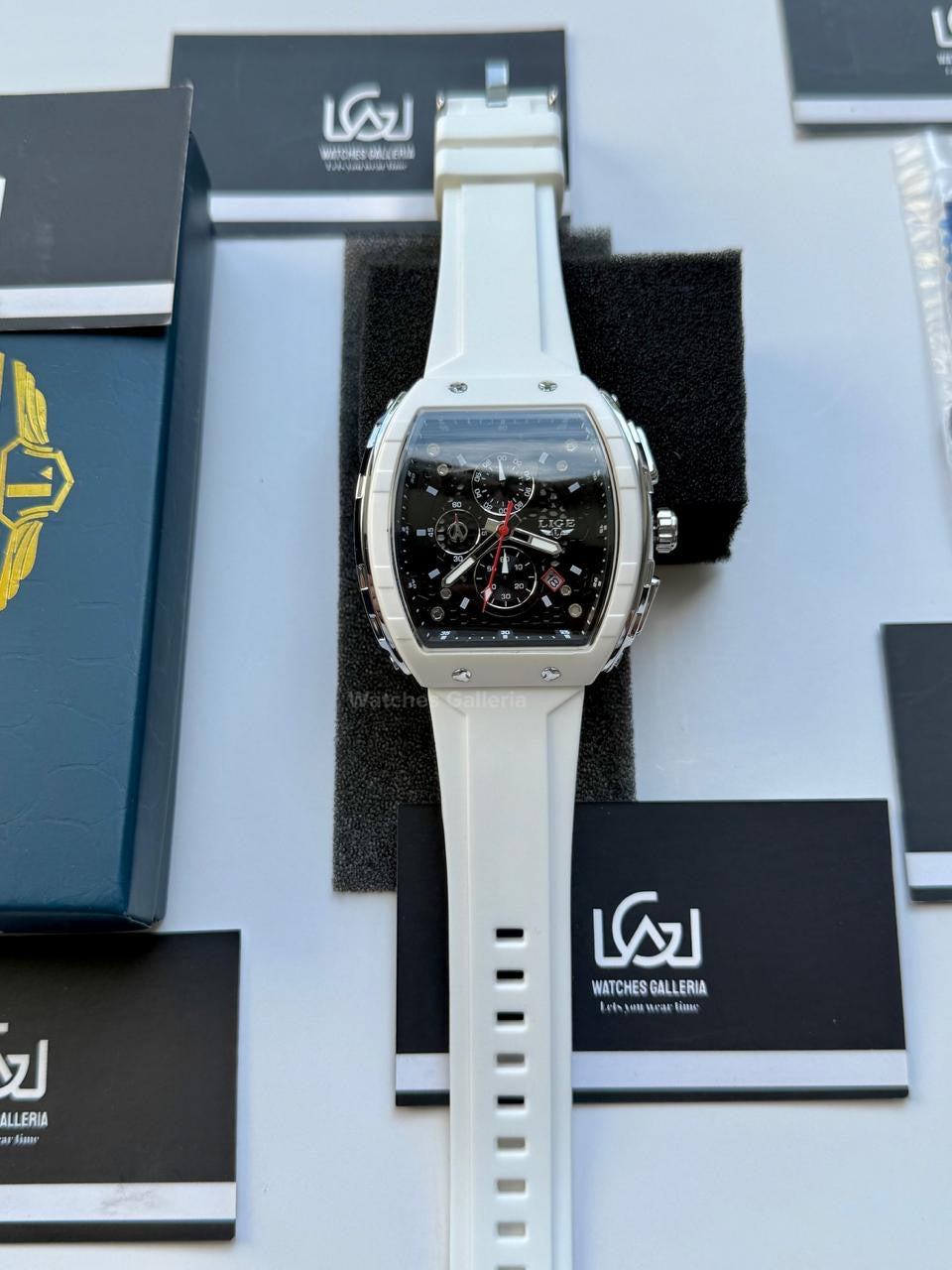 LIGE LG89148 White Tonneau Chronograph Watch in Pakistan – Luxury Men’s Quartz Watch with Silicon Strap