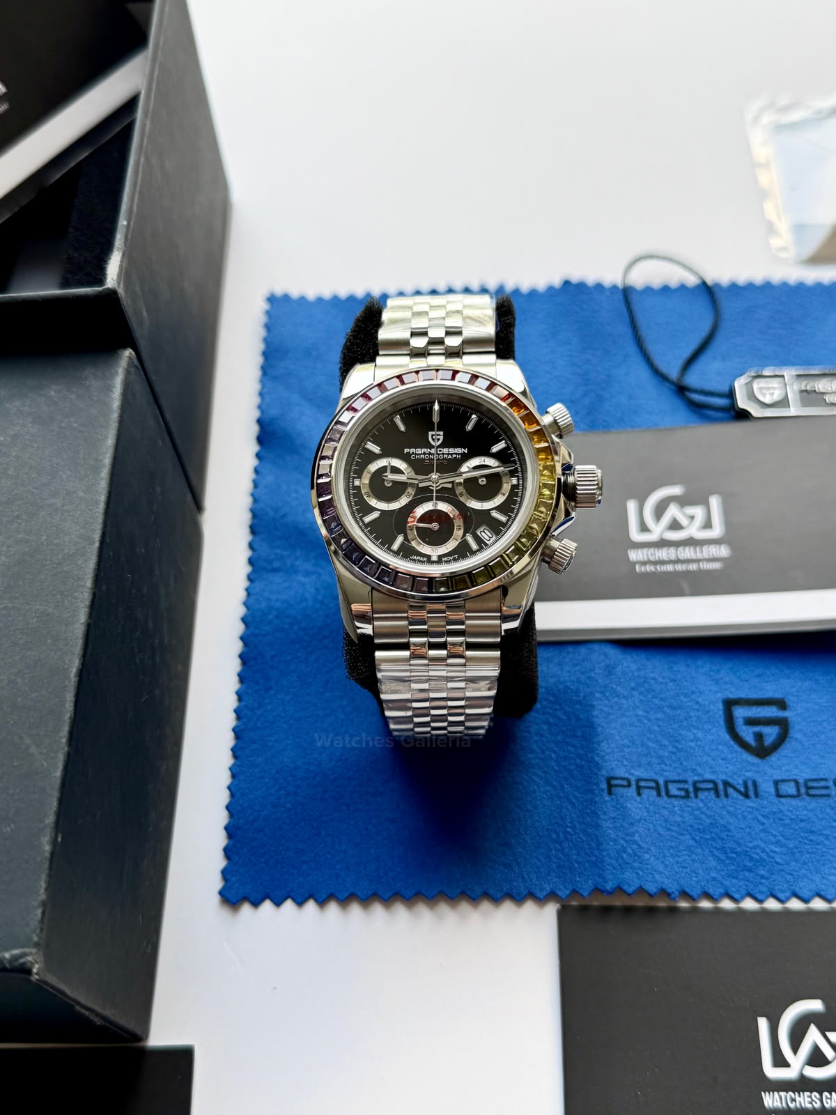 Pagani Design PD1644 Daytona Rainbow Jubilee Limited Edition Chronograph Watch PD1644LE | 40mm Sapphire Crystal, Seiko VK63 Quartz, Complete Calendar & Rainbow Stones Bezel