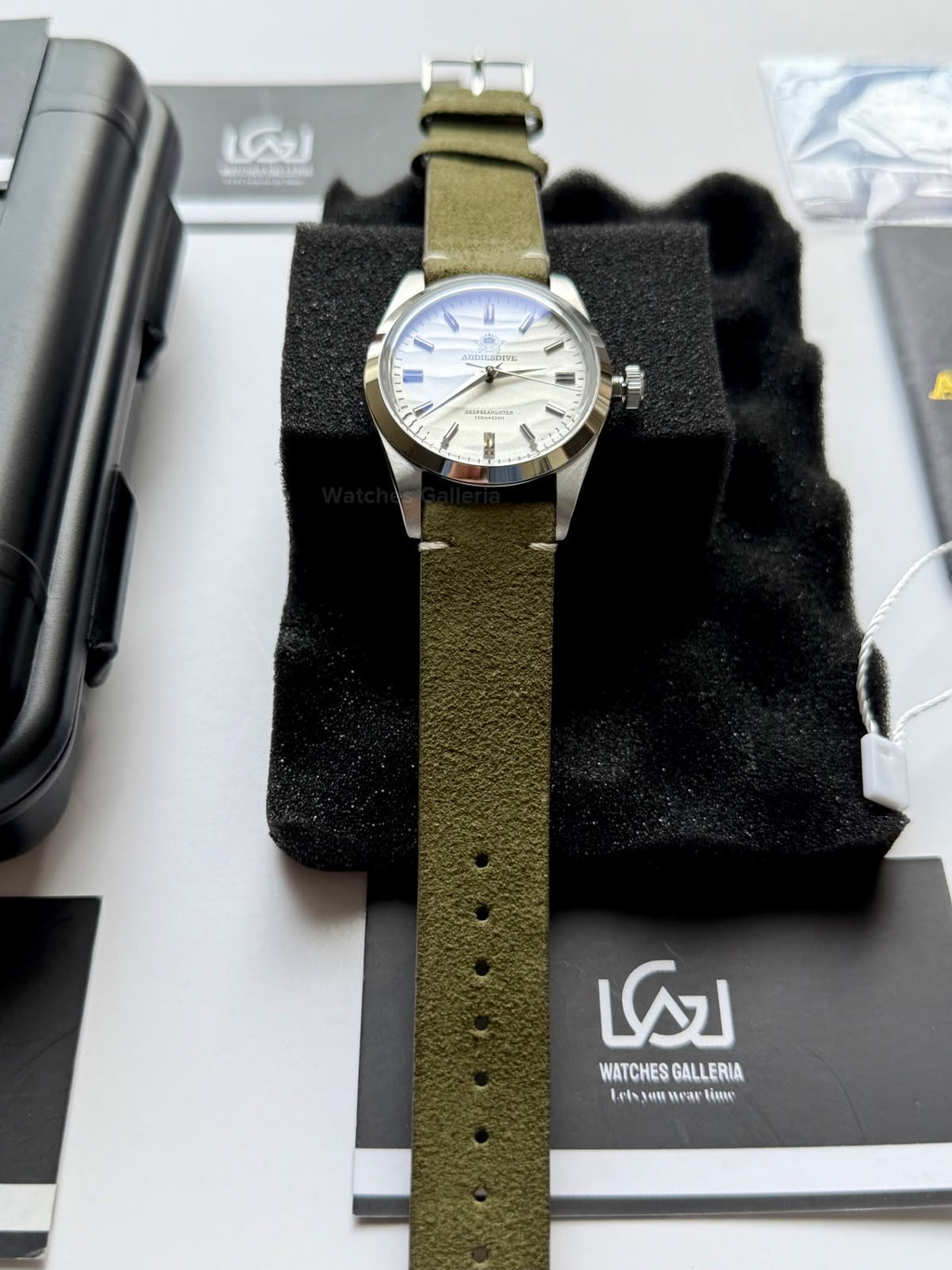 Addiesdive AD2030 Desert White Green Suede Leather Strap Unisex Watch – 36mm Classic Desert Dial, Japan VH31 Quartz Movement, Blue Anti-Glare Mineral Glass & Genuine Suede Leather Strap