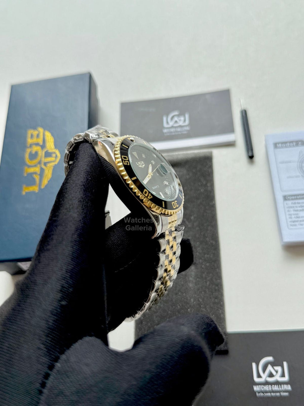 Lige Submariner Quartz (Gold/Black) Lige89151 Watches Galleria