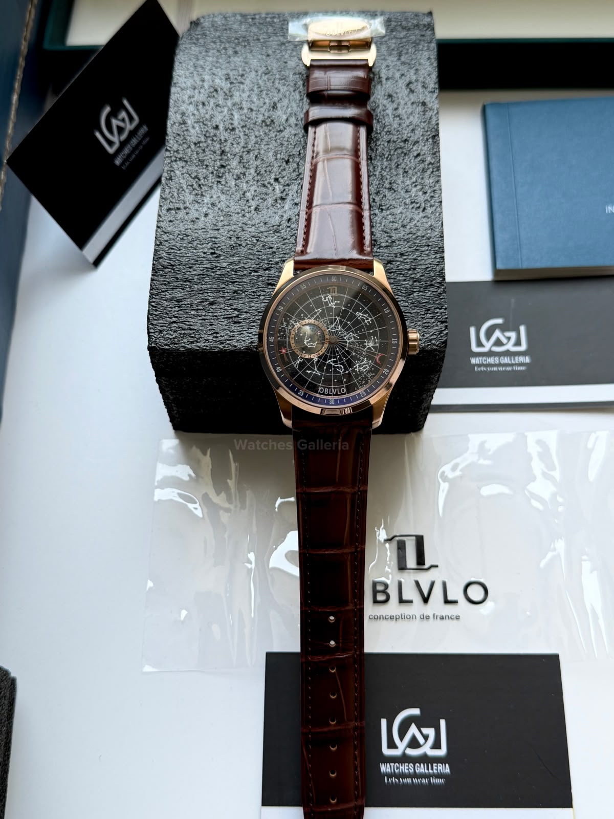 OBLVLO GC (Brown Rose Gold Blue) Grand Complications Celestial Automatic Watch Brown & Black Dial with Rose Gold Details, Moving Constellation & Earth Display – OBLVLOGC | Oblvlo