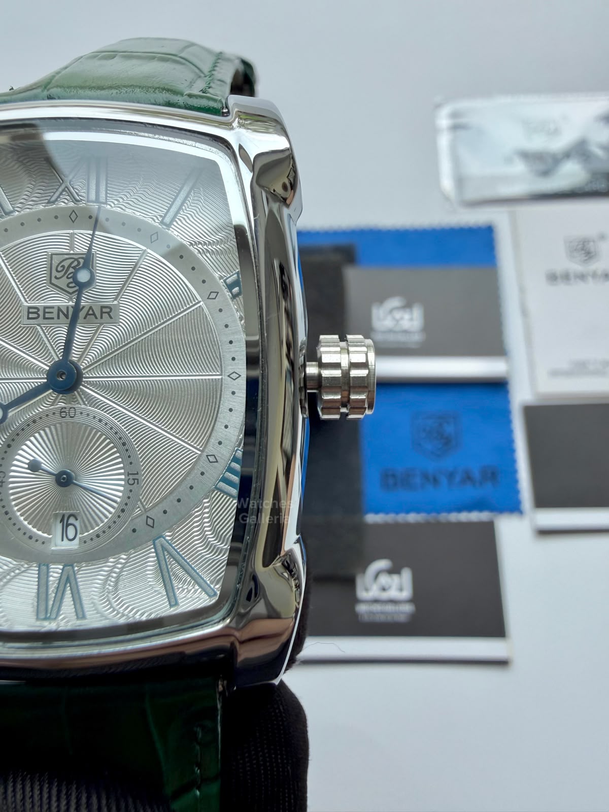 Benyar BY5114 Square Tank Watch | Green Silver White | Roman Numeral Dial Master Lock Quartz Date Calendar Leather Strap
