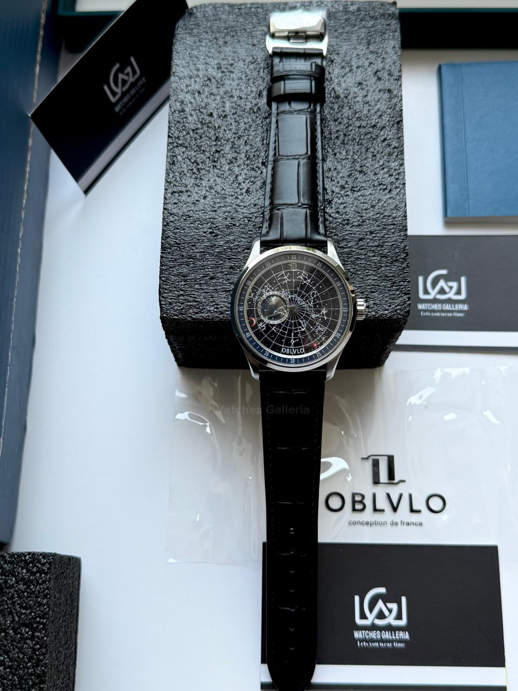 OBLVLO GC (Black Blue Silver) Grand Complications Celestial Automatic Watch Brown & Black Dial with Rose Gold Details, Moving Constellation & Earth Display – OBLVLOGC | Oblvlo