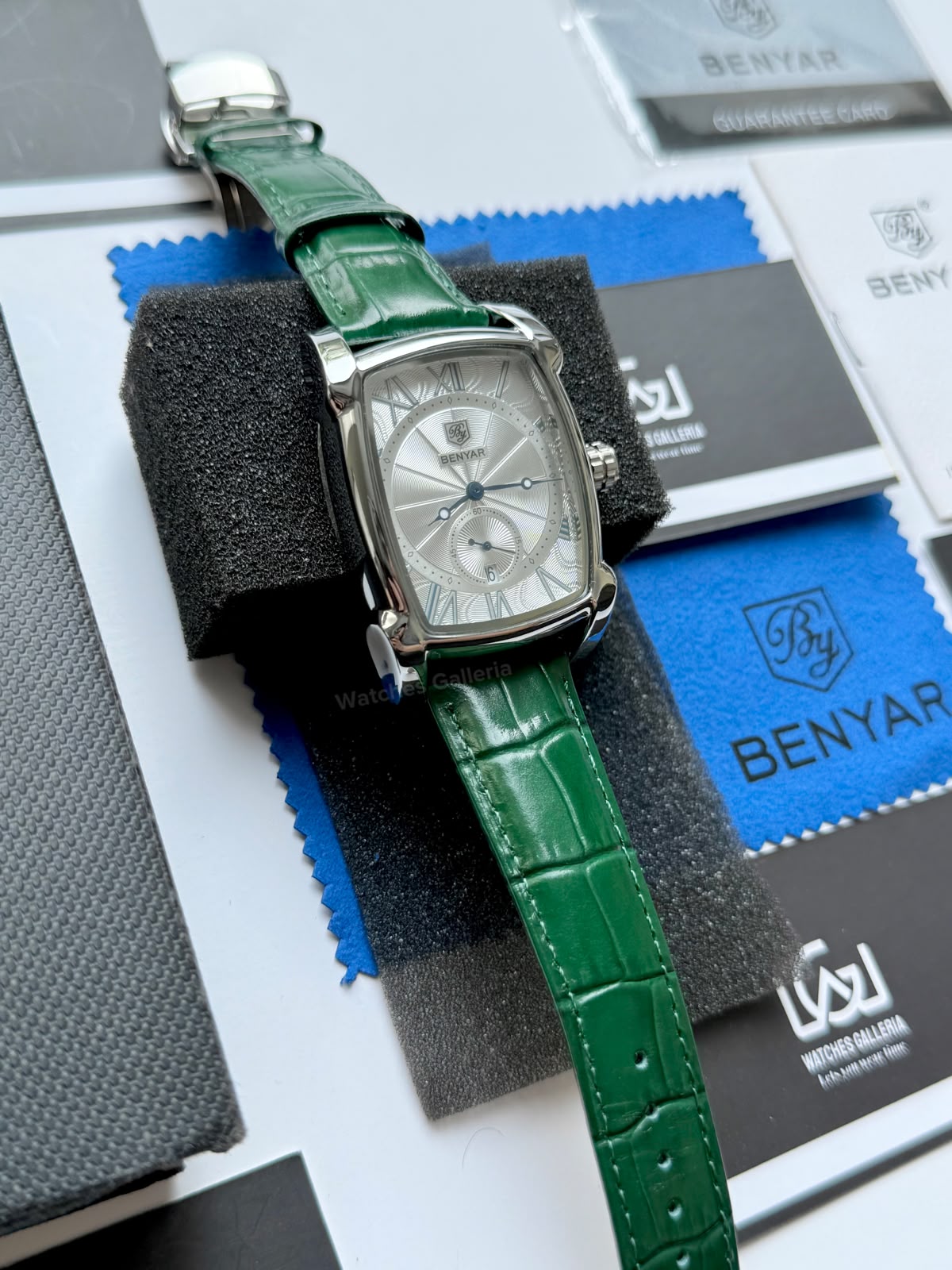 Benyar BY5114 Square Tank Watch | Green Silver White | Roman Numeral Dial Master Lock Quartz Date Calendar Leather Strap