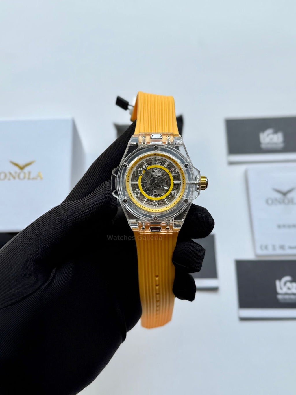 Onola ON3836 Oak Skeleton Yellow Automatic Watch – 49mm Transparent Dial, Bold Sport Design, Pakistan Edition