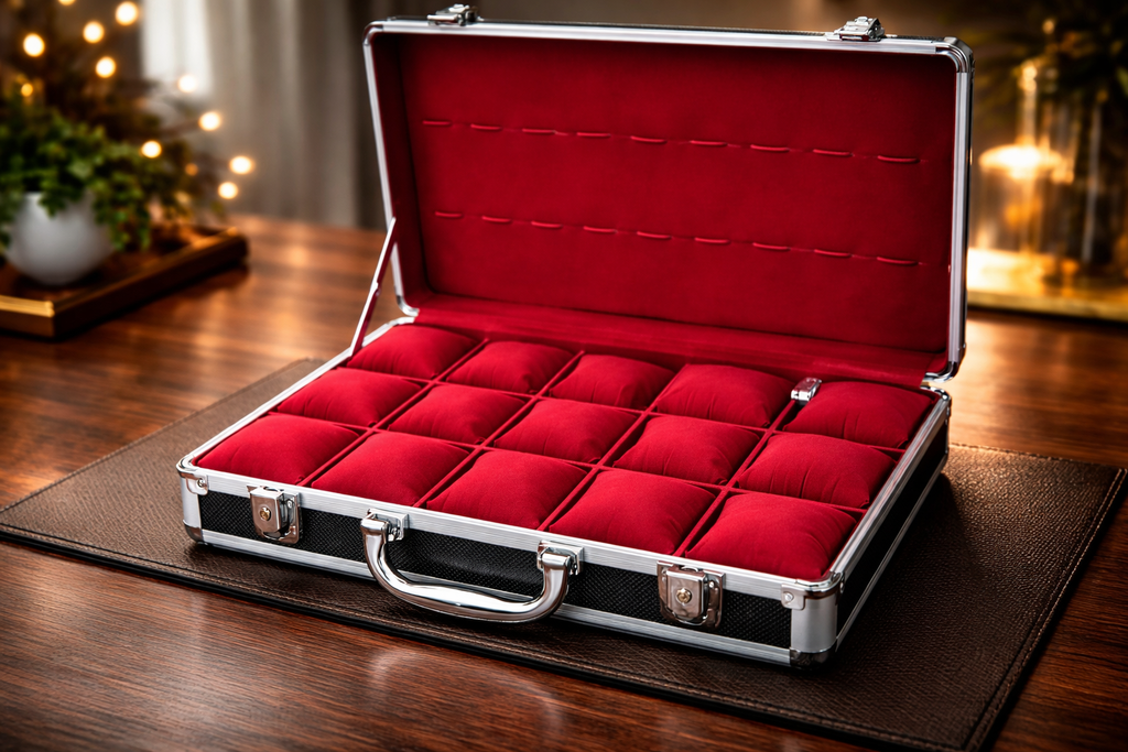 Aluminum Watch Organizer Box 15 Slots – Premium Red Velvet Interior Travel Storage Case