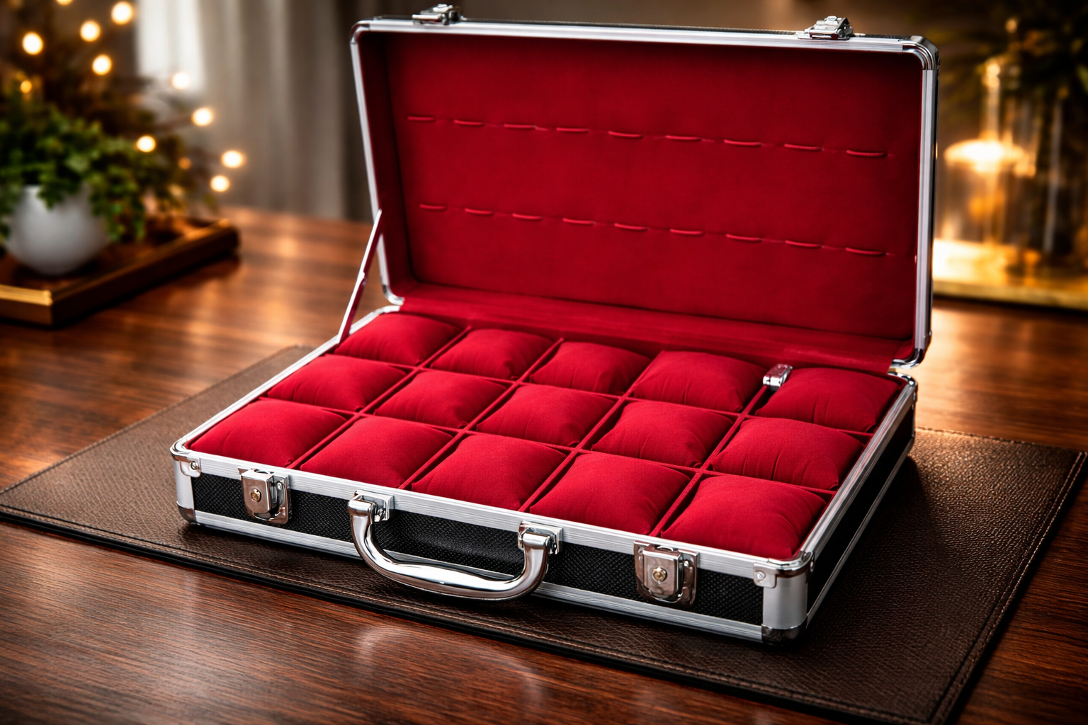 Aluminum Watch Organizer Box 15 Slots – Premium Red Velvet Interior Travel Storage Case