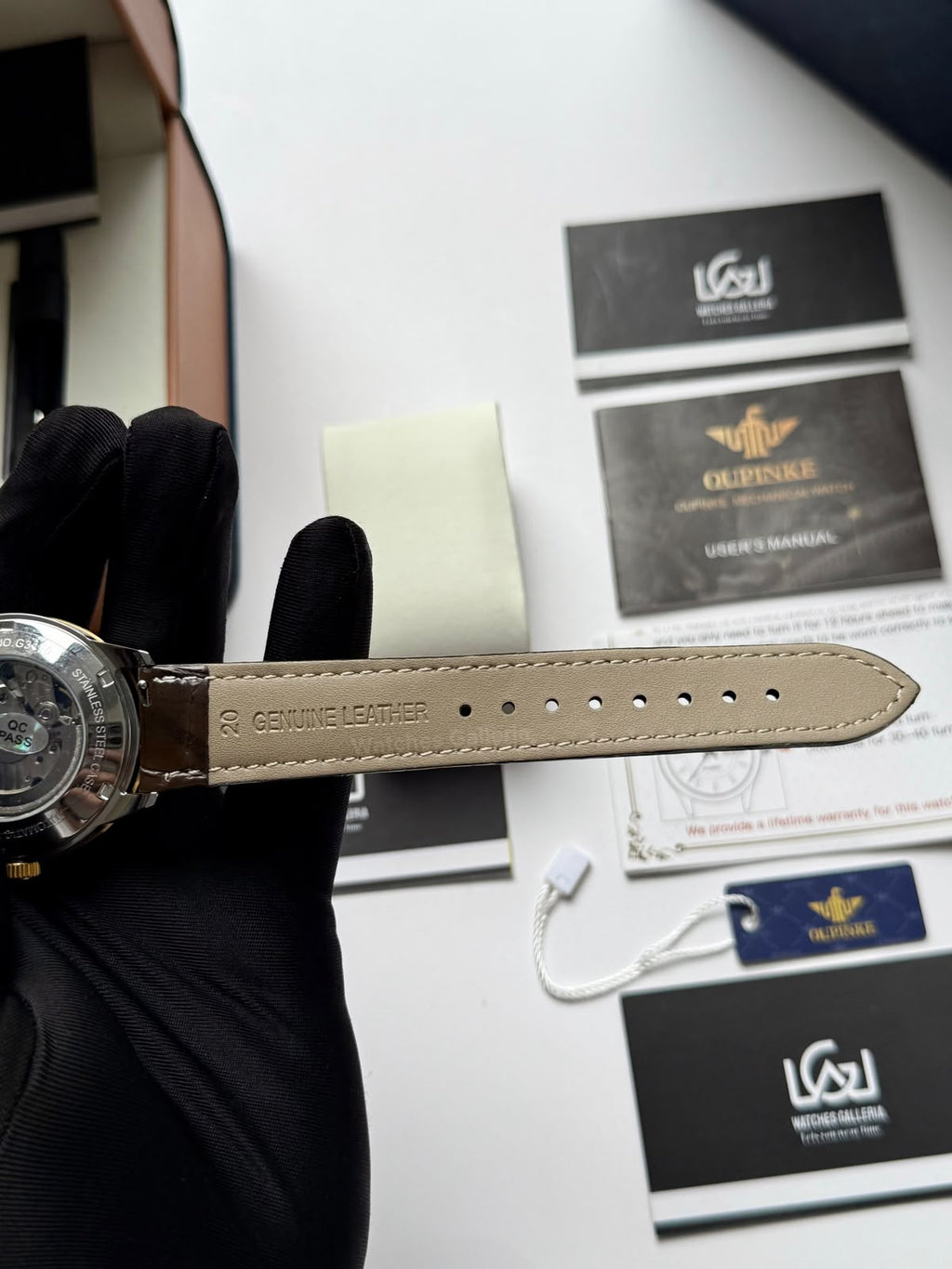 Oupinke G3190 (Brown Leather) Open Heart Automatic Watch with Miyota 8215 Japanese Movement, Sapphire Crystal, Luminous Dial & Black Leather Strap