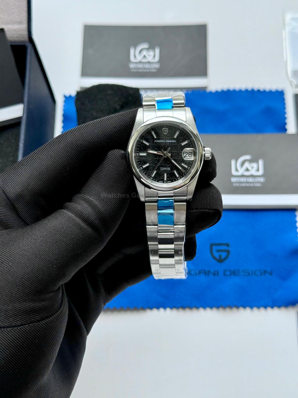 Pagani Design PD1794L Ladies Oyster Perpetual Date Black Dial Watch in Pakistan – 31mm Elegant Stainless Steel Quartz Luxury Watch