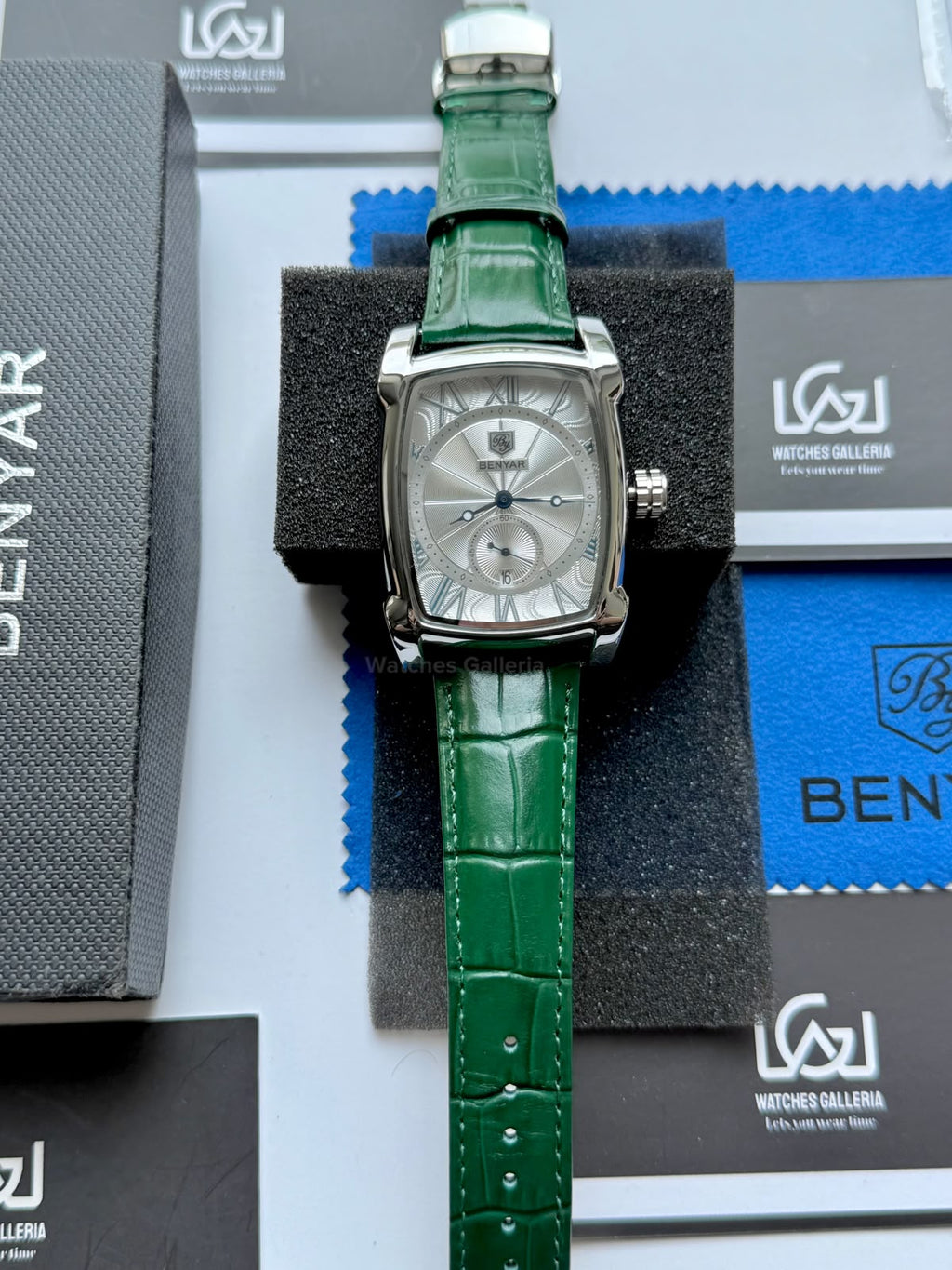 Benyar BY5114 Square Tank Watch | Green Silver White | Roman Numeral Dial Master Lock Quartz Date Calendar Leather Strap