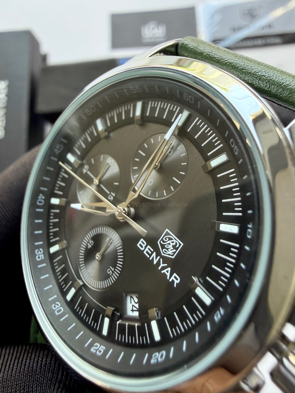 Benyar BY5210 (Grey Green) Pilot Chronograph Green Dial Stainless Steel Watch – 42mm Quartz Chronograph with Date, Complete Calendar & Stopwatch