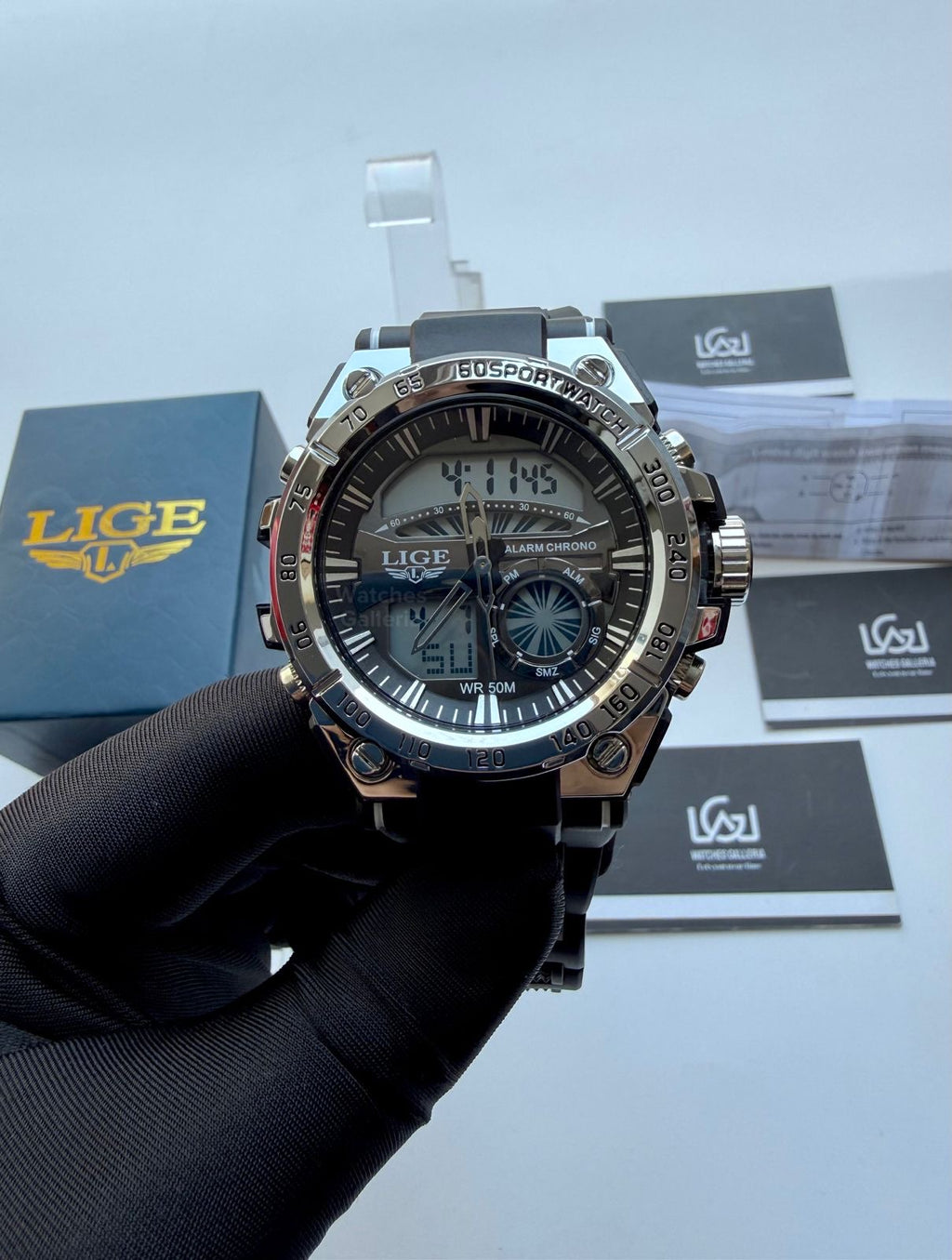 Lige 8922 Sports Watch Silver Black 45mm Dual Display Analog Digital LED Alarm Waterproof 50M Silicone Strap Men’s Watch
