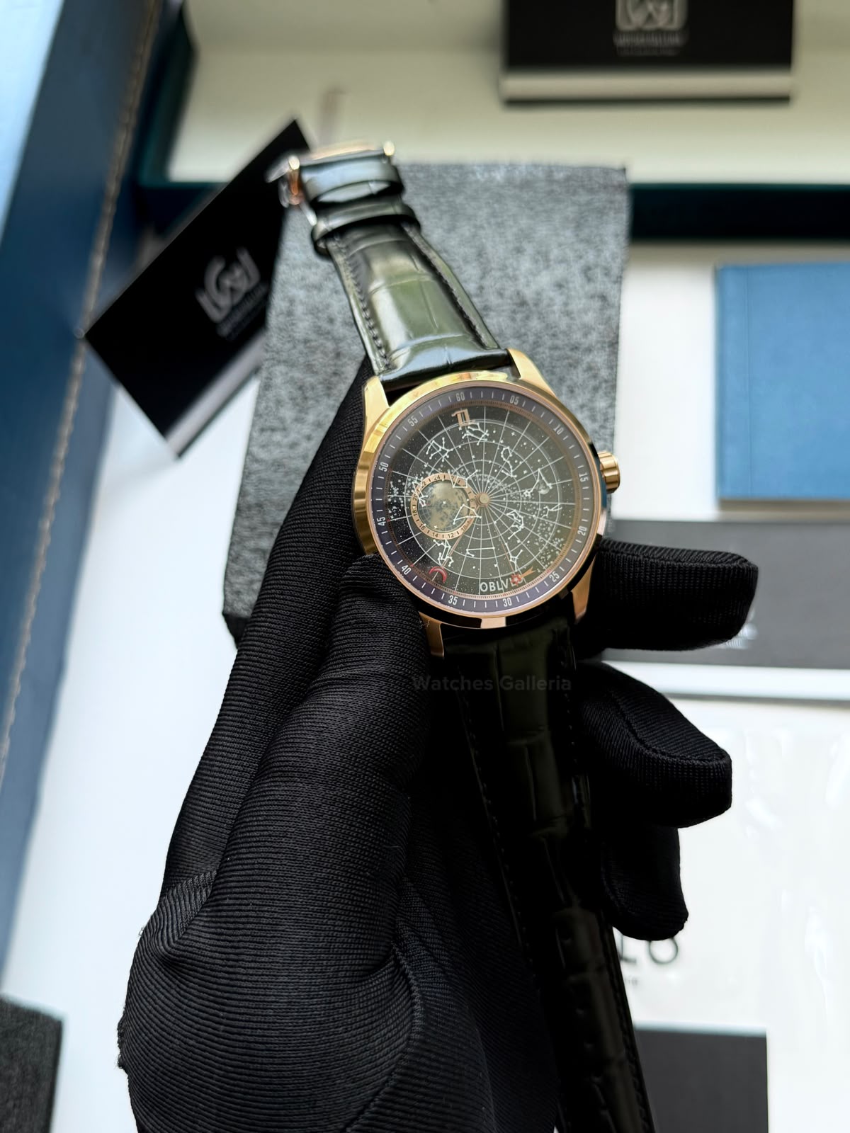 OBLVLO GC (Black Rose Gold Blue) Grand Complications Celestial Automatic Watch Brown & Black Dial with Rose Gold Details, Moving Constellation & Earth Display – OBLVLOGC