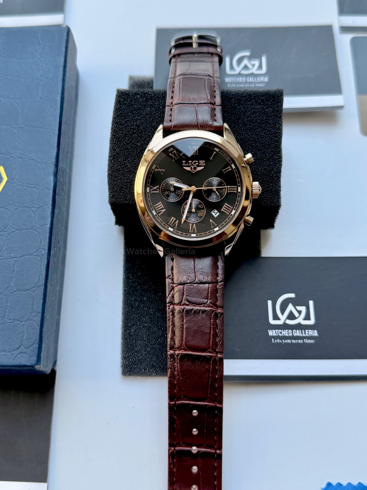 Lige 9852 Chronograph Watch for Men Brown Rose Gold Leather Strap Original Lige Watch in Pakistan