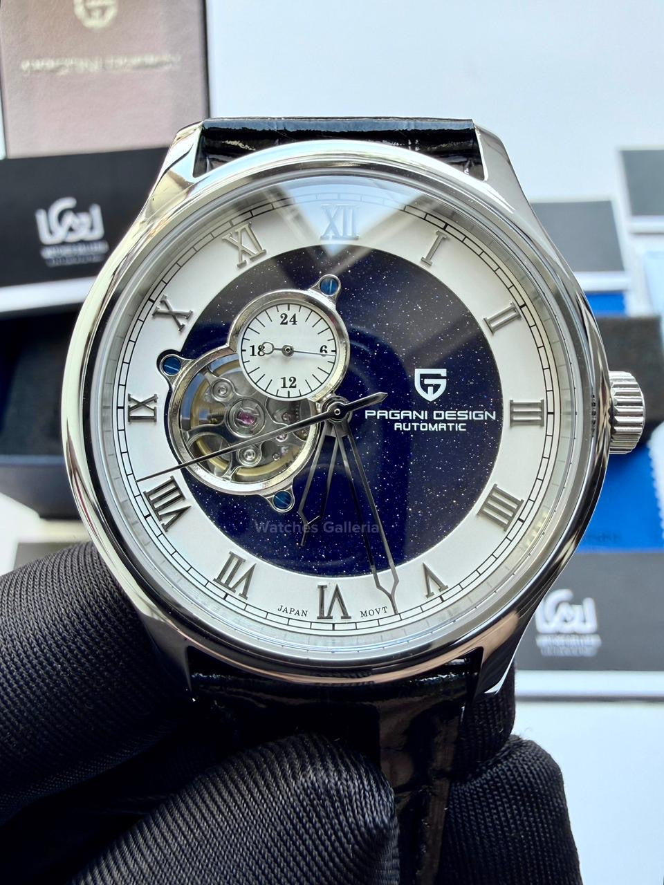 Pagani Design PDys015 Stardust Open Heart Automatic Watch – 41mm NH39A, Sapphire Crystal, 100M Water Resistant, Open Heart Skeleton Dial (Black/Blue)