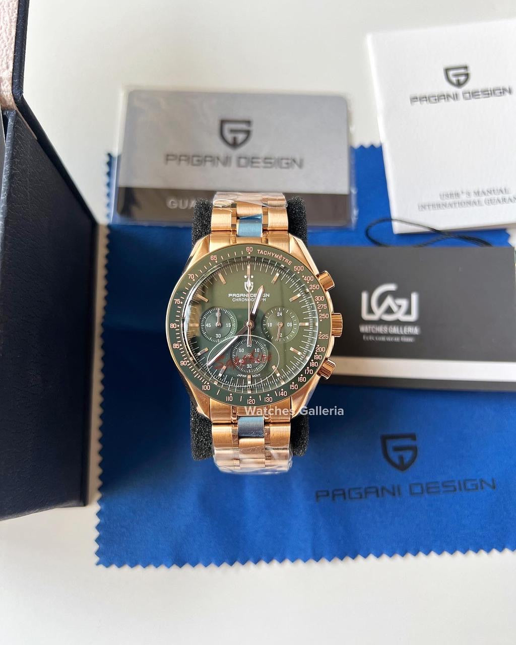 Pagani Design SpeedMaster MoonWatch Quartz (R.Gold/Green) PD1701 “DISCONTINUED”