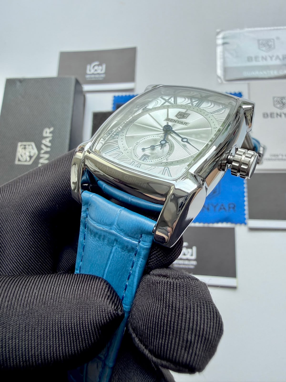 Benyar BY5114 Square Tank Watch | Blue Silver White | Roman Numeral Dial Master Lock Quartz Date Calendar Leather Strap