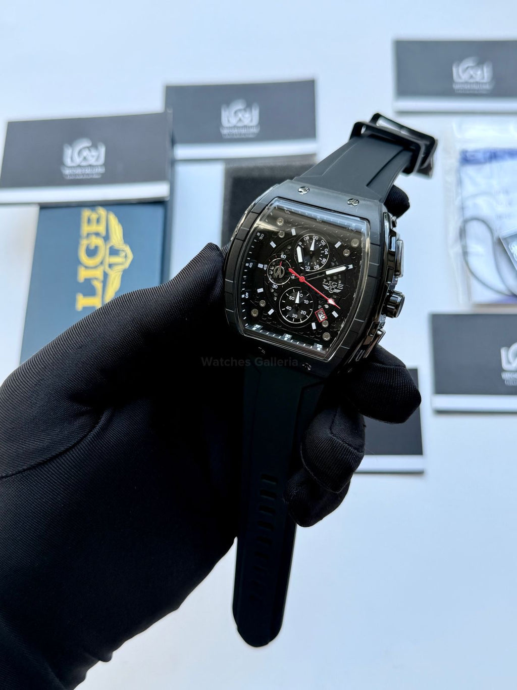 LIGE LG89148 Black Tonneau Chronograph Watch in Pakistan – Luxury Men’s Quartz Watch with Silicon Strap