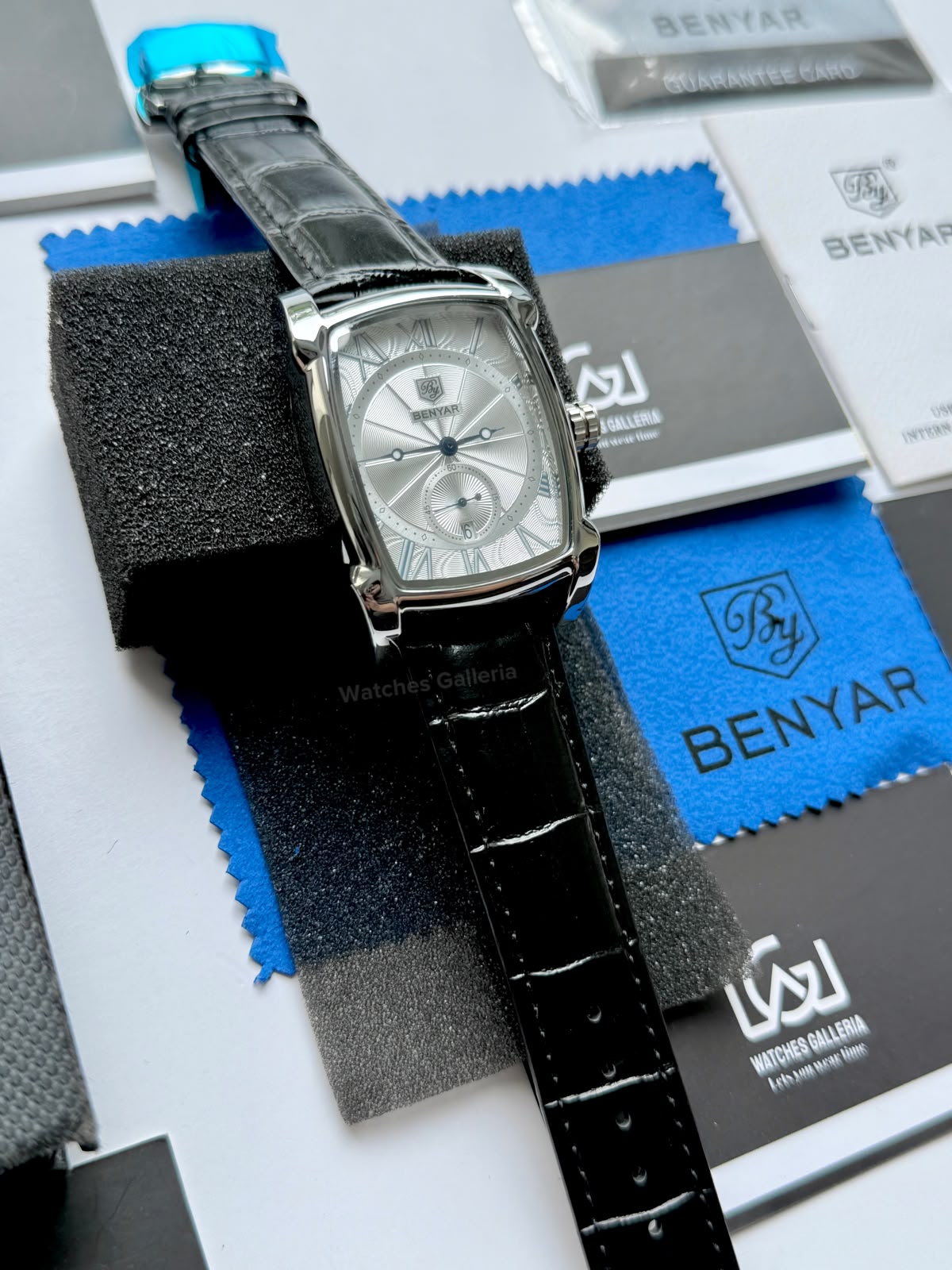 Benyar BY5114 Square Tank Watch Silver Black Roman Numeral Dial Master Lock Quartz Date Calendar Leather Strap