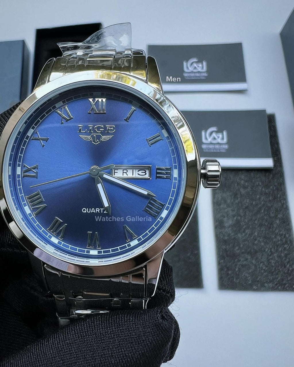 Lige Date Day Couple Watch (Silver/Blue) Lige9846 Lige10007