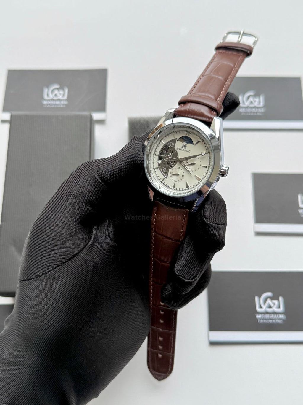 Aokulasic AOKU032 Moonphase Flywheel Automatic Watch 40mm Brown Silver | 21 Jewels Mechanical Watch