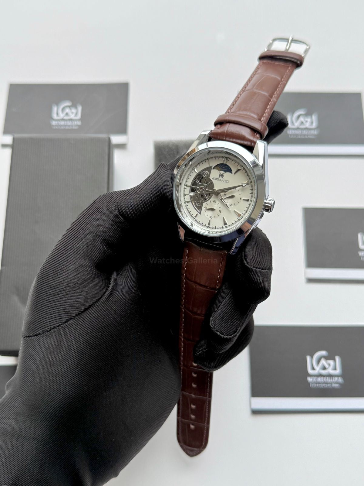 Aokulasic AOKU032 Moonphase Flywheel Automatic Watch 40mm Brown Silver | 21 Jewels Mechanical Watch