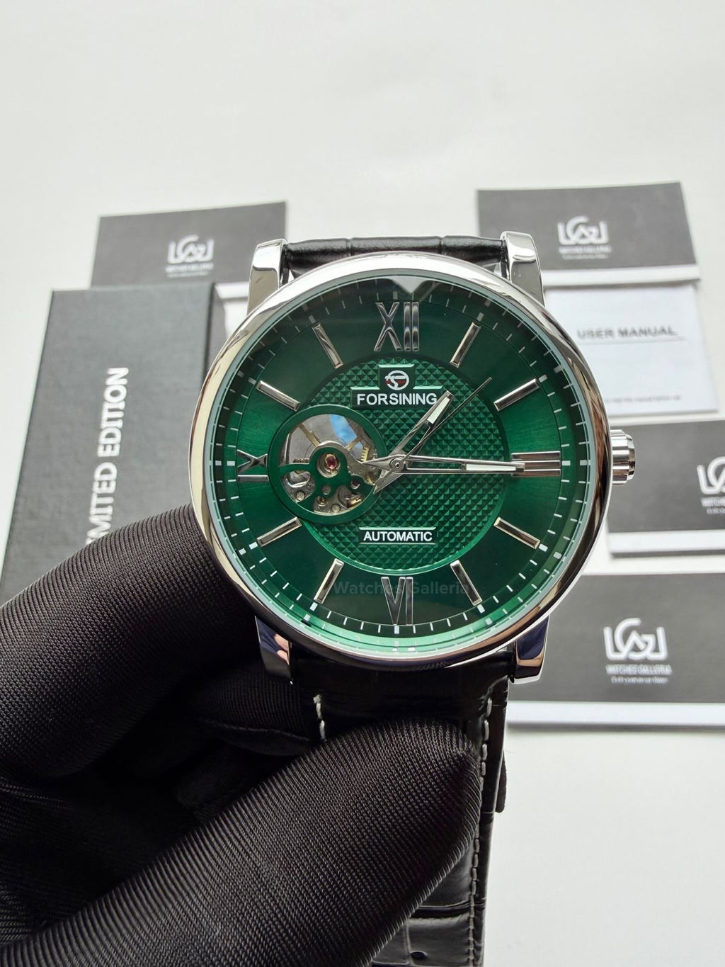 Forsining FS112 Classic Skeleton Automatic Watch – Green Dial | Leather Strap Mechanical Wristwatch for Men