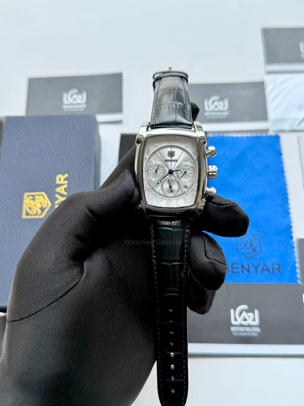 Benyar BY5113LE Square Chronograph Watch in Pakistan – Limited Edition Black White Luxury Men’s Quartz Chronograph Leather Strap Watch
