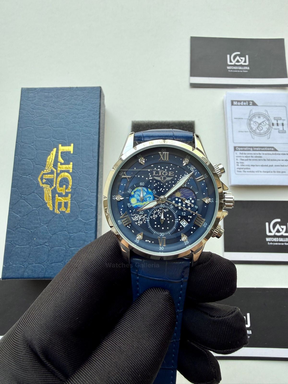 Lige Watch LG89107 Moonphase Chronograph (Blue/Silver) Lige Watch in Pakistan