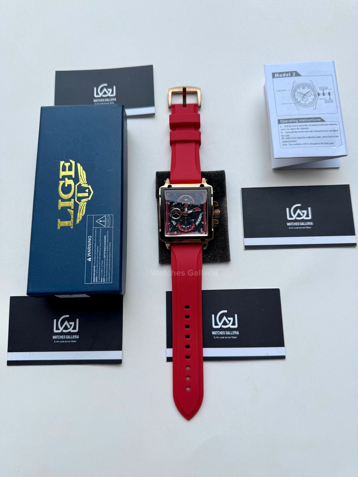 Lige Watch LG8935 Square Chronograph (Red) Lige Watch Pakistan