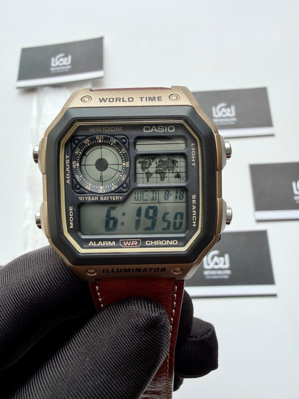 Casio AE-1200WHL-5AVDF World Time Digital Watch Brown Leather Strap 100M Water Resistant – 10 Year Battery
