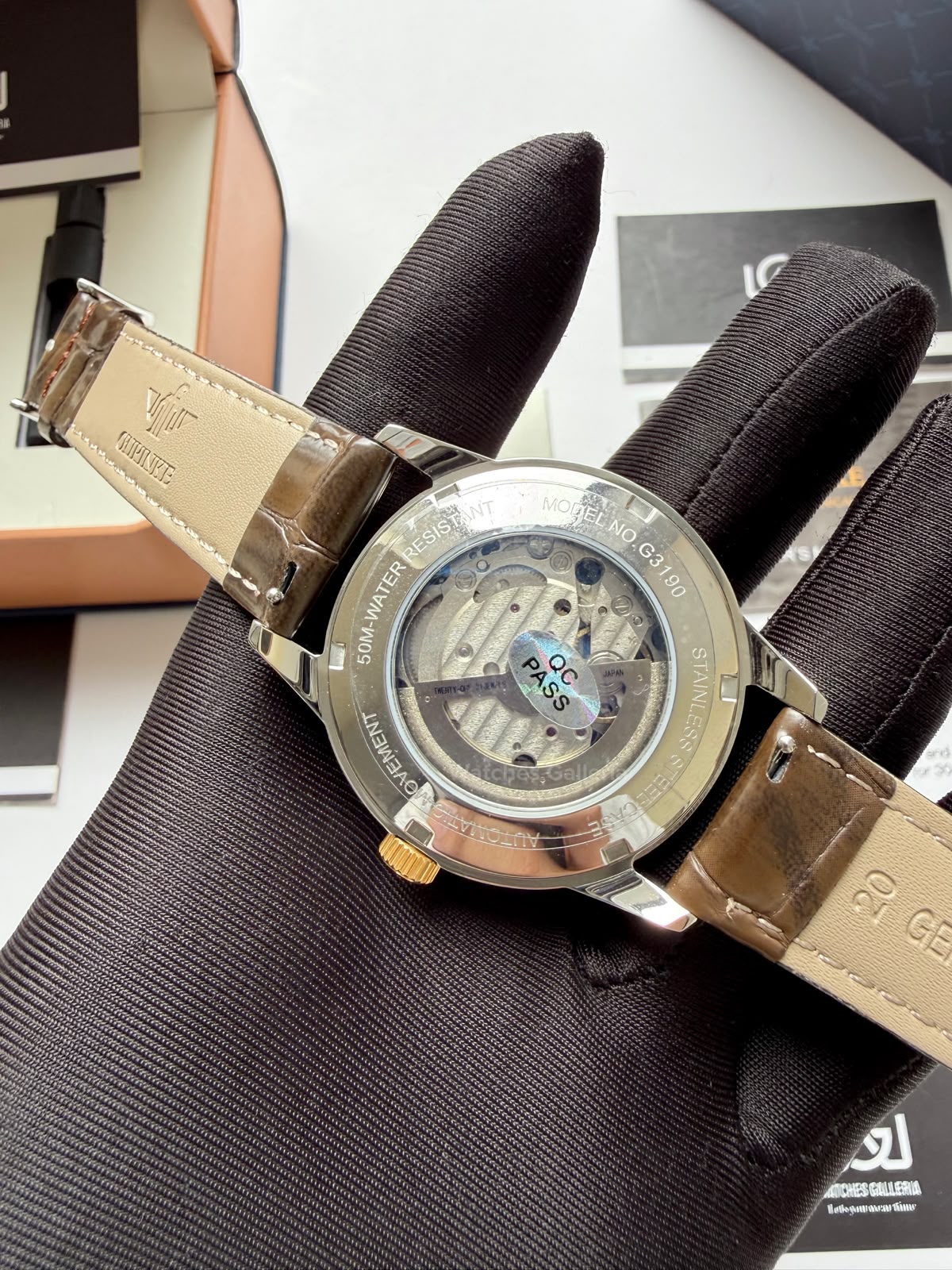 Oupinke G3190 (Brown Leather) Open Heart Automatic Watch with Miyota 8215 Japanese Movement, Sapphire Crystal, Luminous Dial & Black Leather Strap