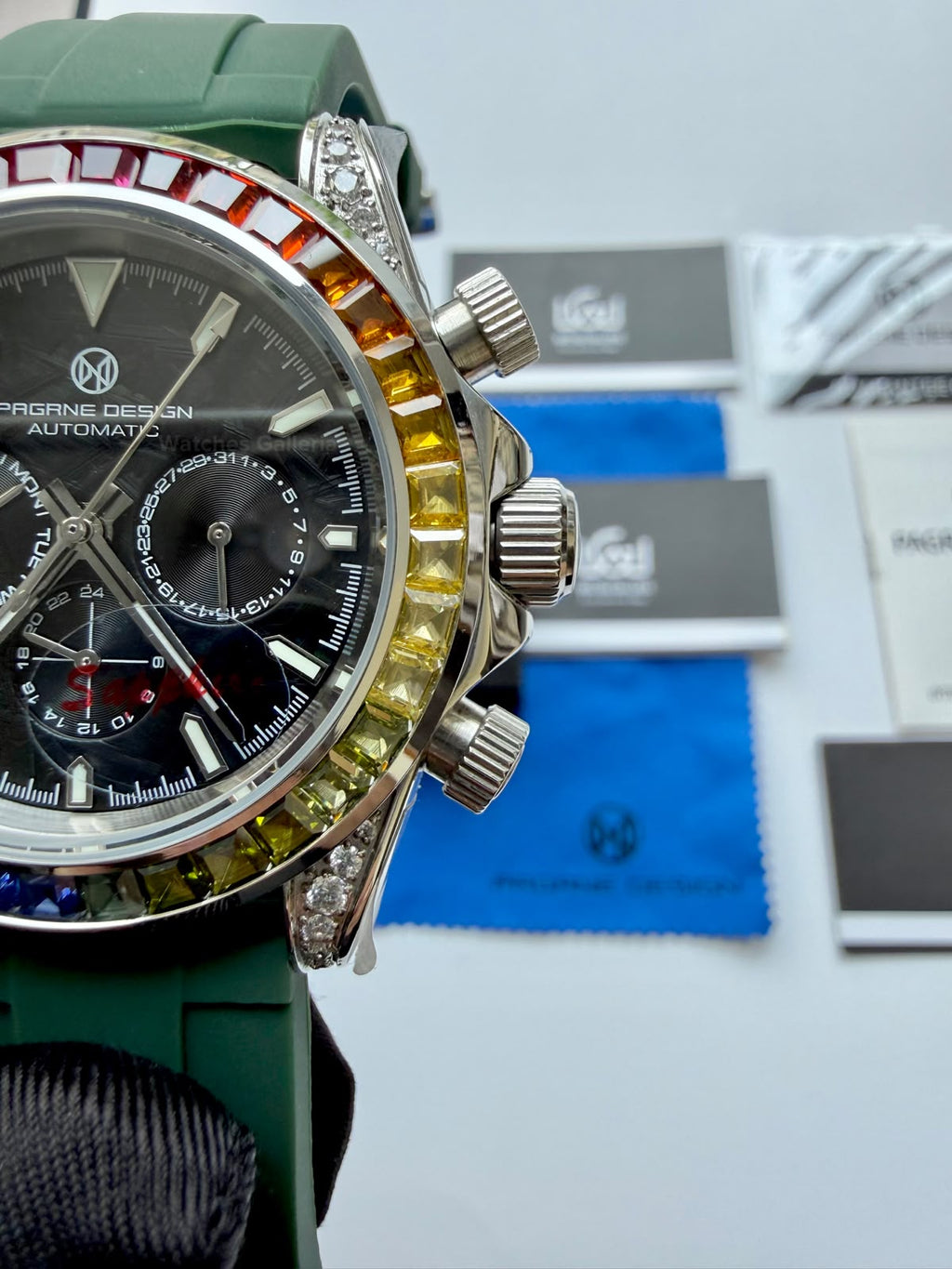Pagani Design PG1666 Daytona Rainbow Limited Edition Black Automatic Chronograph Watch | 40mm Sapphire Crystal | HZ2196G Movement | 100M Water Resistant