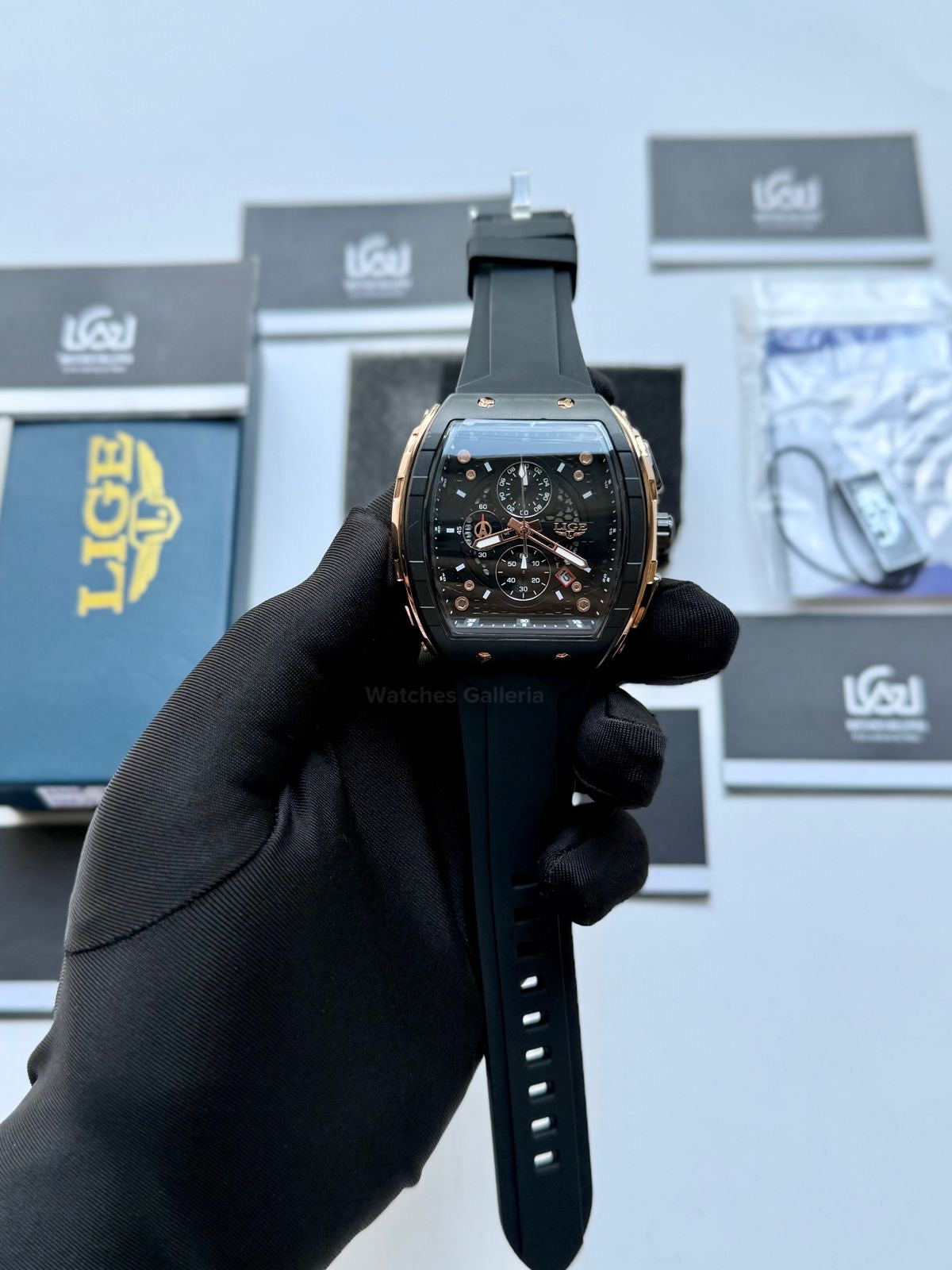 LIGE LG89148 Tonneau Chronograph Watch in Pakistan – Black Rose Gold Luxury Men’s Quartz Watch with Silicon Strap