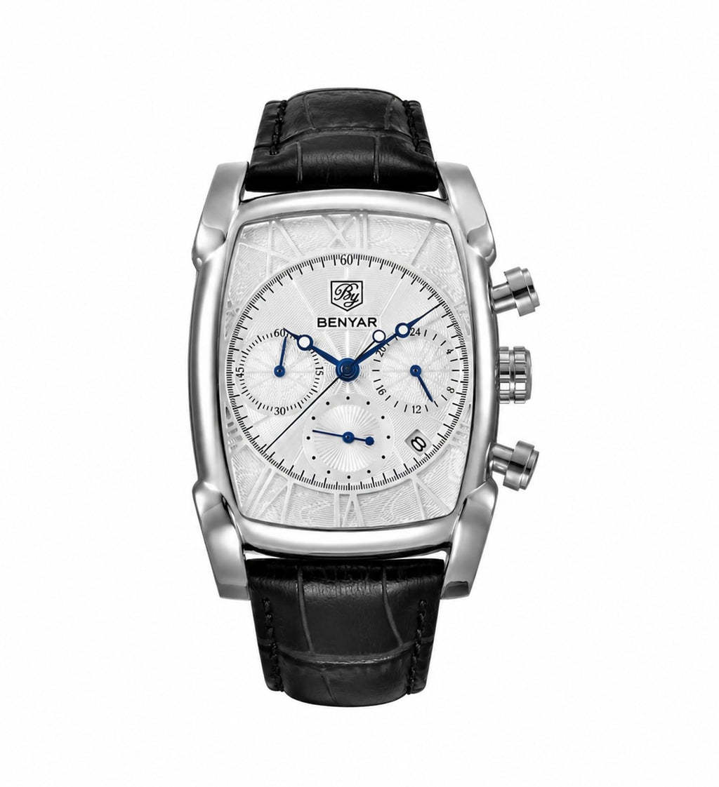 Benyar BY5113LE Square Chronograph Watch in Pakistan – Limited Edition Black White Luxury Men’s Quartz Chronograph Leather Strap Watch
