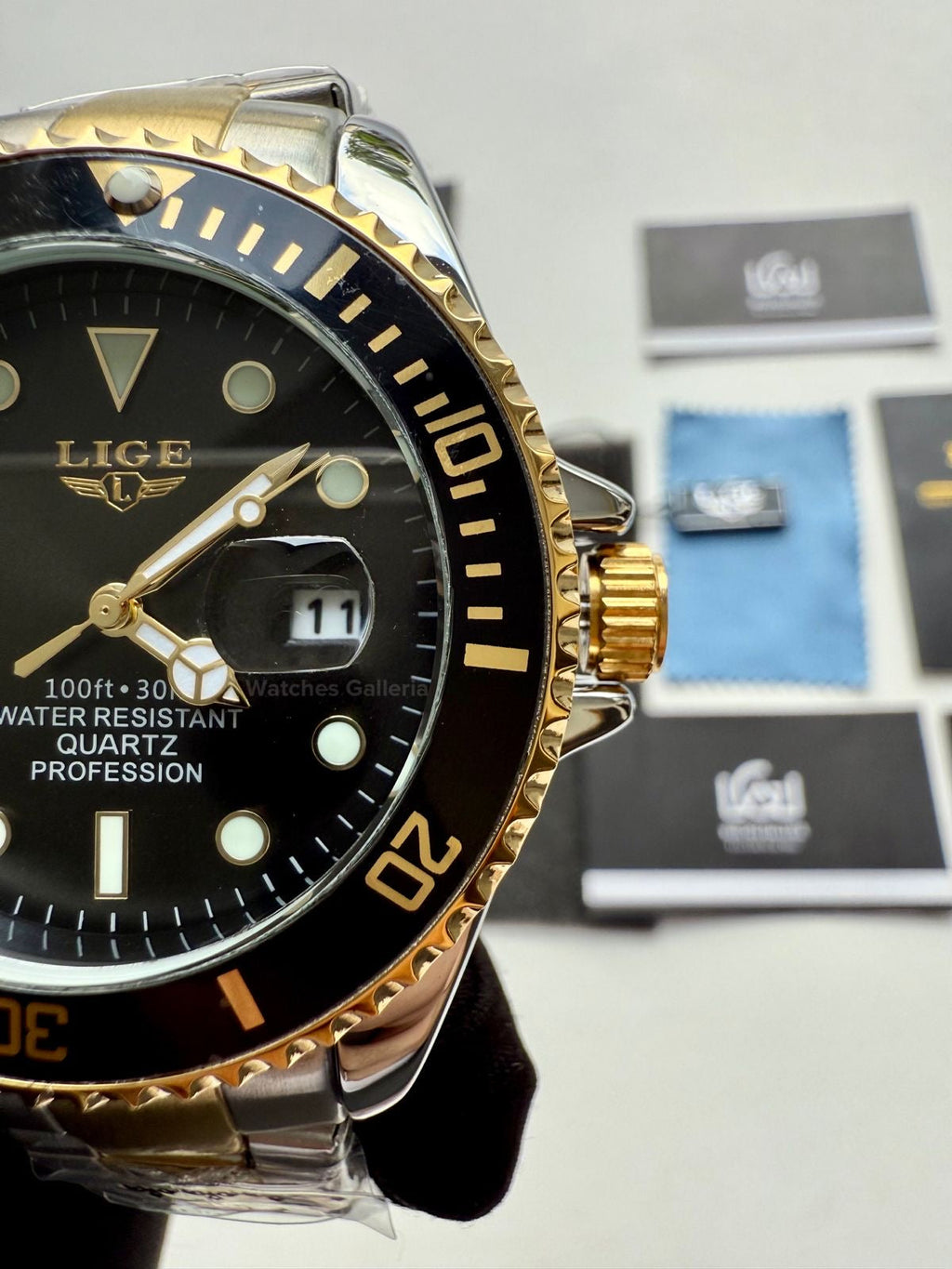 Lige Submariner Two Tone Quartz (Gold/Black) Lige10045 Watches Galleria © Copyrights All Right Reserved