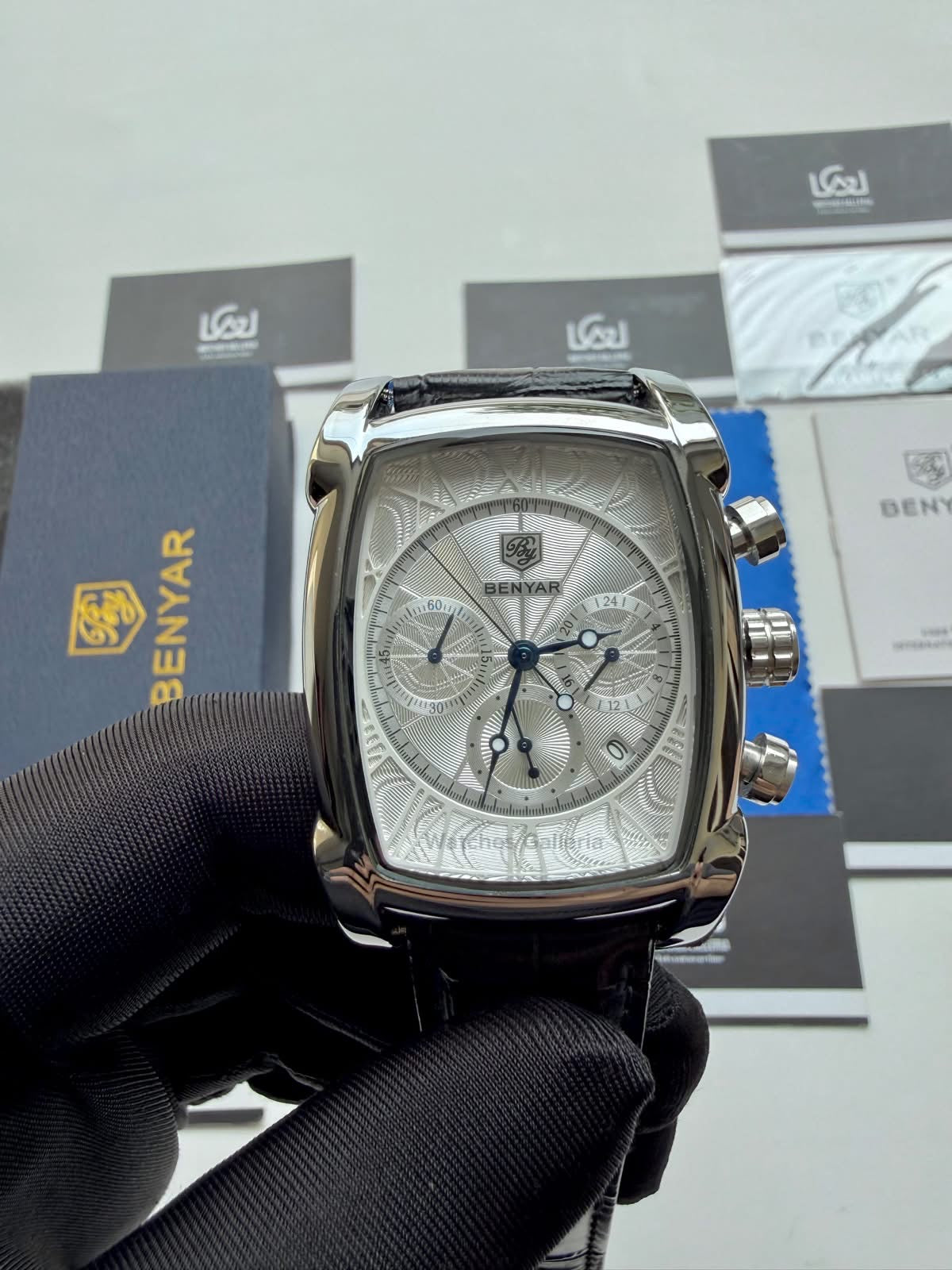 Benyar BY5113LE Square Chronograph Watch in Pakistan – Limited Edition Black White Luxury Men’s Quartz Chronograph Leather Strap Watch
