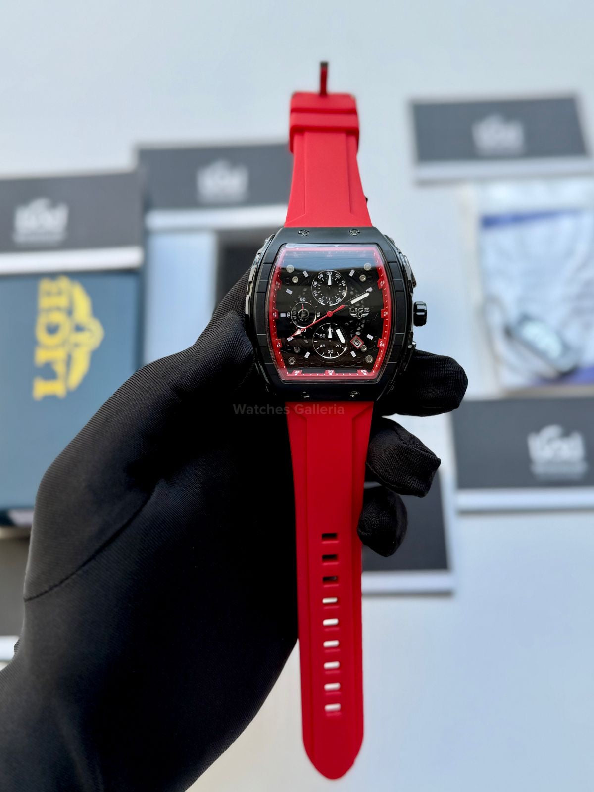 LIGE LG89148 Red Tonneau Chronograph Watch in Pakistan – Luxury Men’s Quartz Watch with Silicon Strap