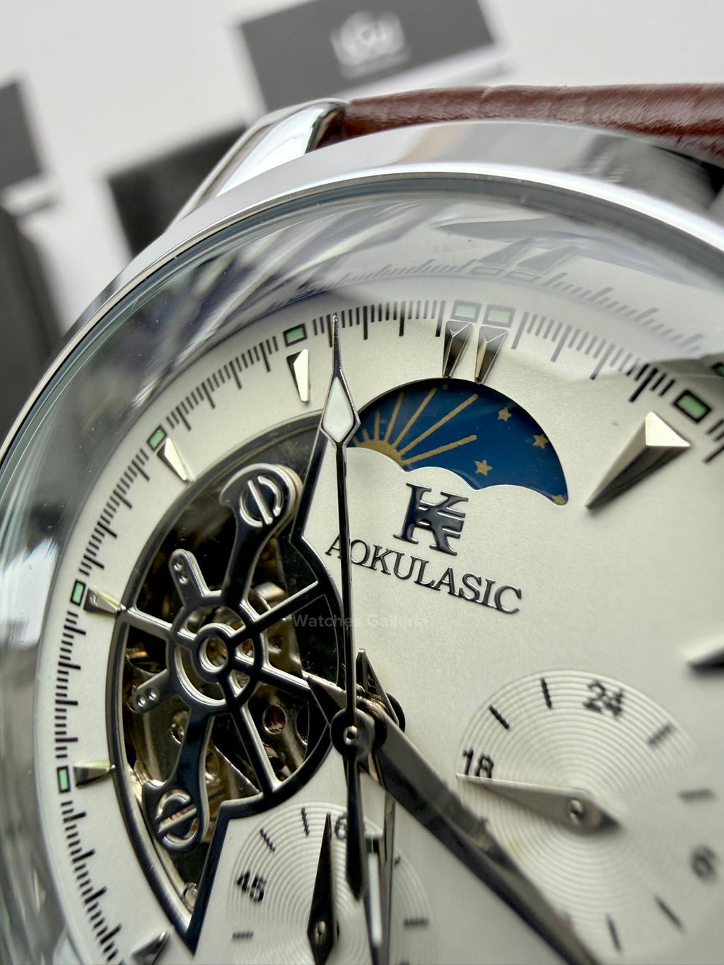 Aokulasic AOKU032 Moonphase Flywheel Automatic Watch 40mm Brown Silver | 21 Jewels Mechanical Watch