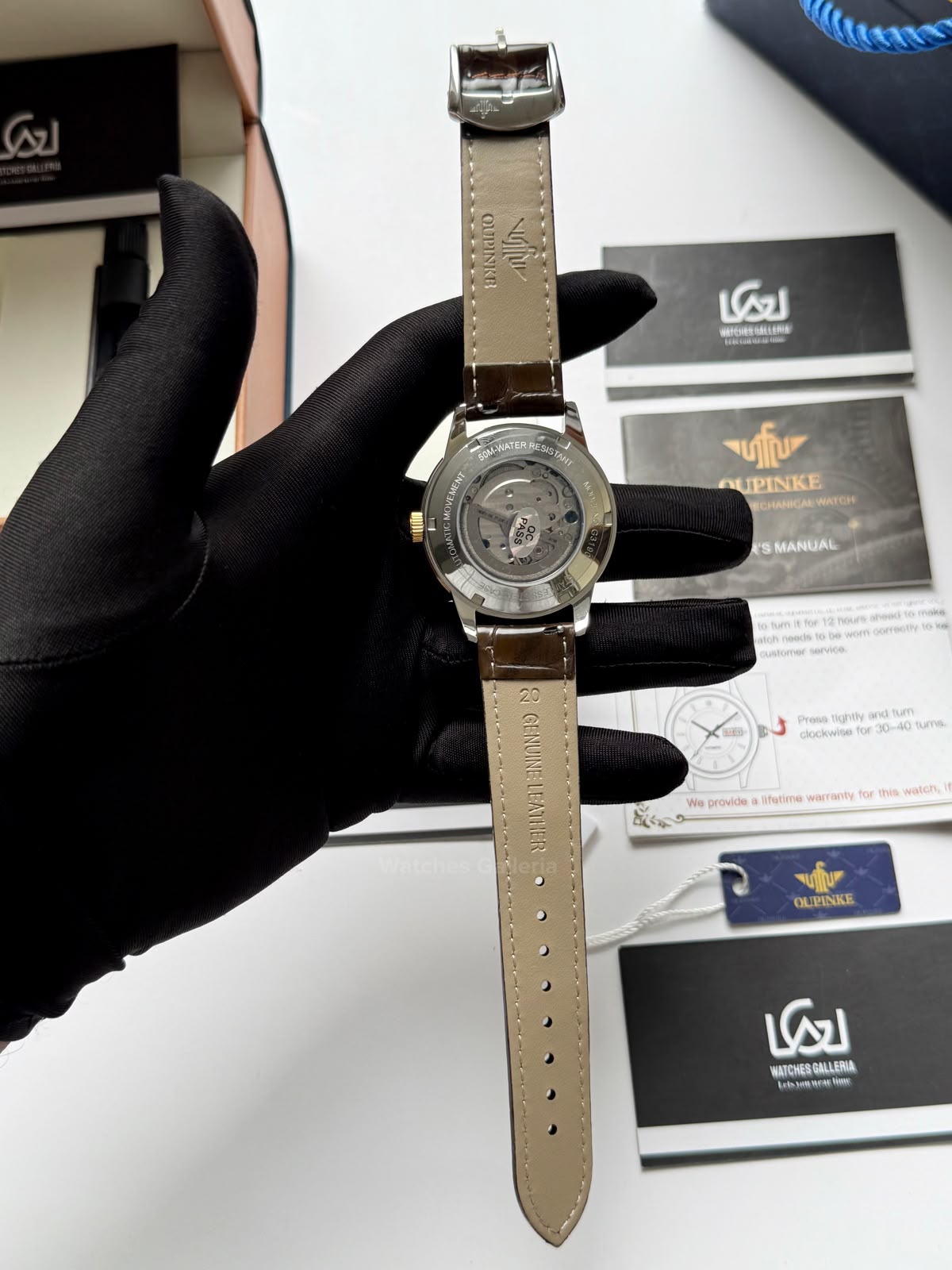 Oupinke G3190 (Brown Leather) Open Heart Automatic Watch with Miyota 8215 Japanese Movement, Sapphire Crystal, Luminous Dial & Black Leather Strap